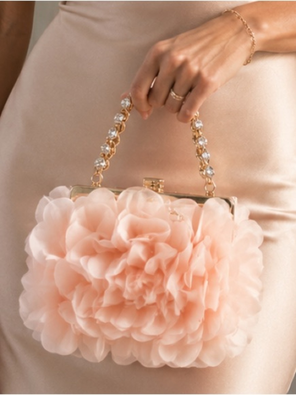NWT Badgley Mischka Blush Satin Floral Minaudière Clutch Rhinestone Handle